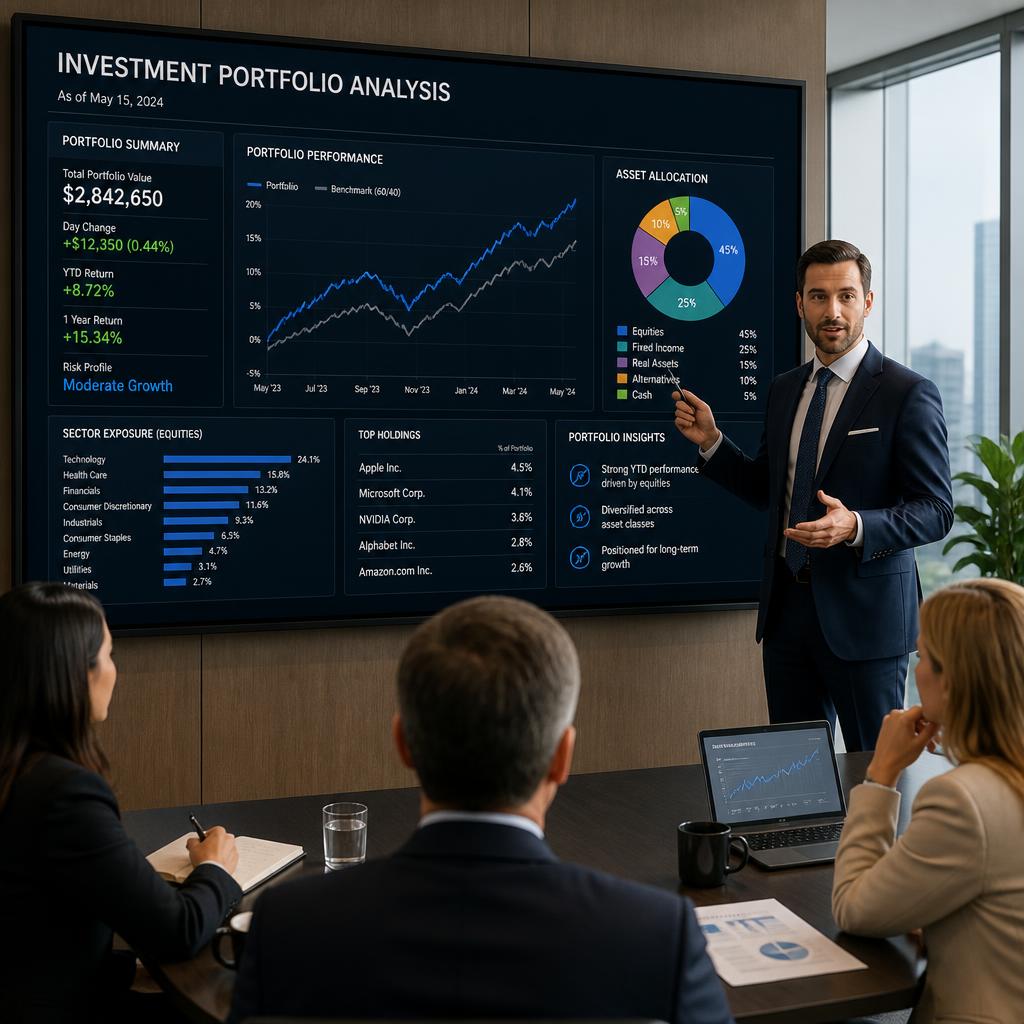 Financial advisor presenting investment portfolio analysis on large screen in contemporary office boardroom setting
